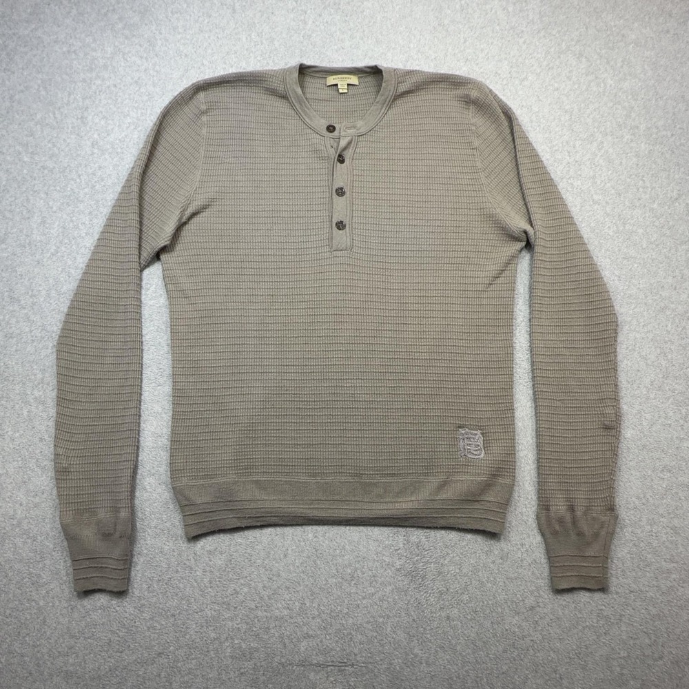 Burberry Henley Mens Large Beige Wool Waffle Knit Thermal Pullover Embroidered